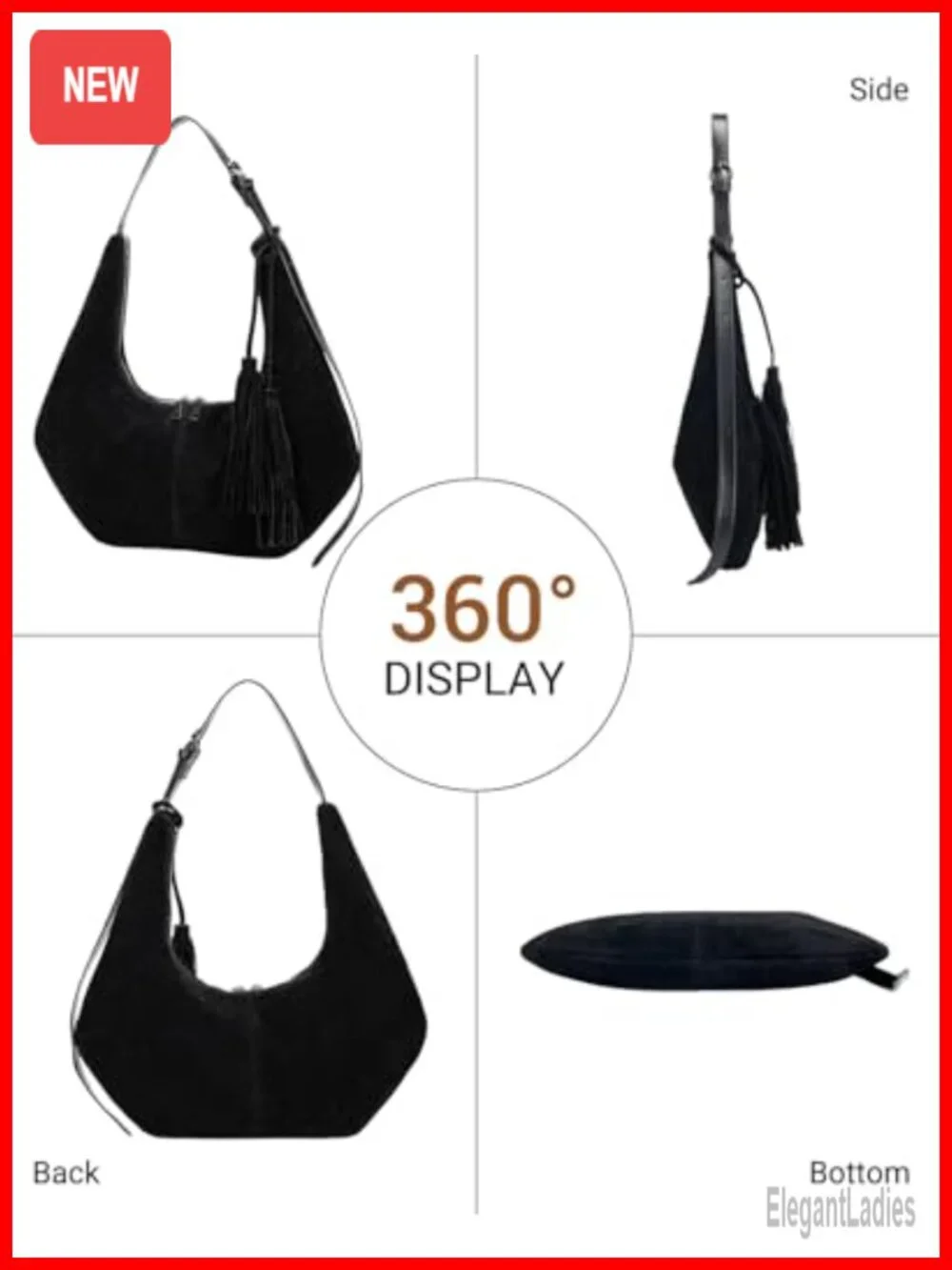 Tassel Suede Hobo Shoulder Bag, Slouchy Crescent Crossbody Purse with